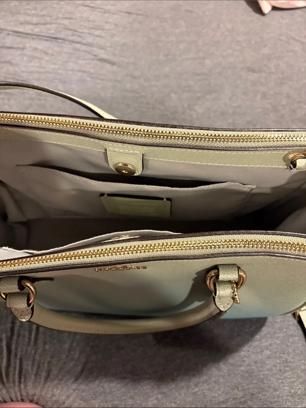 COACH Pebbled Leather Satchel in Light Cream with Gold Hardware
